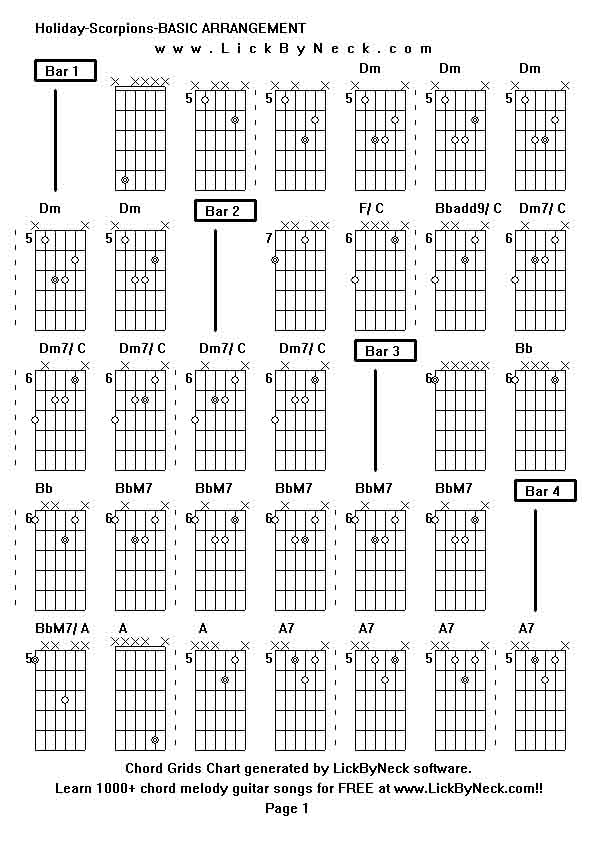 Chord Grids Chart of chord melody fingerstyle guitar song-Holiday-Scorpions-BASIC ARRANGEMENT,generated by LickByNeck software.